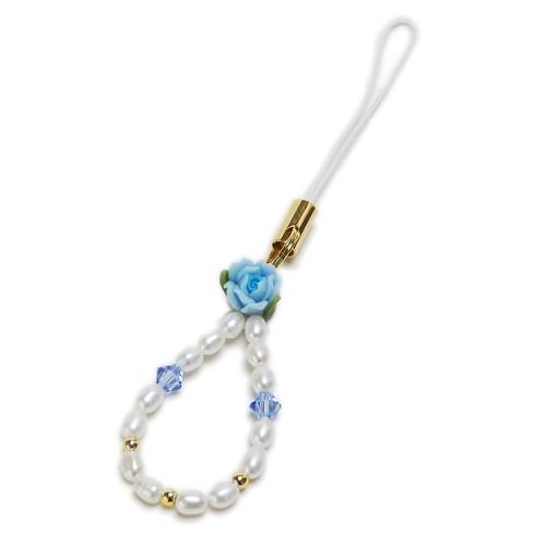 メール便 ストラップ バラ ローズ パール 携帯ストラップ 真珠 フィモ スワロフスキー 薔薇 淡水パール ブルー 父の日 ギフトに プレゼントに