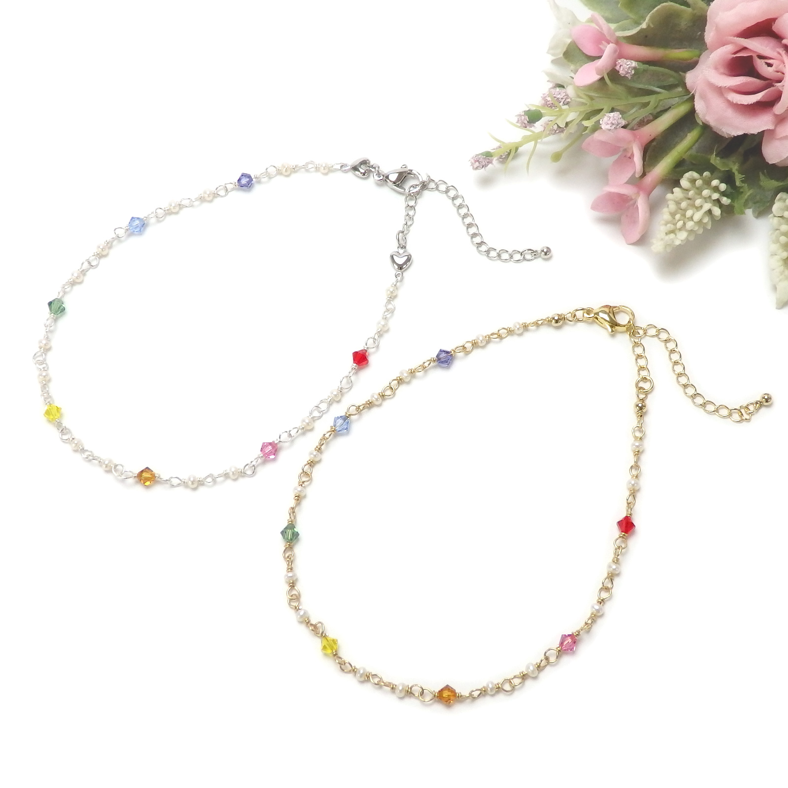 メール便 アンクレット 厄除け 開運 七色 7色 スワロフスキー パール 淡水パール 真珠 淡水真珠 おしゃれ かわいい バレンタイン ギフトに プレゼントに