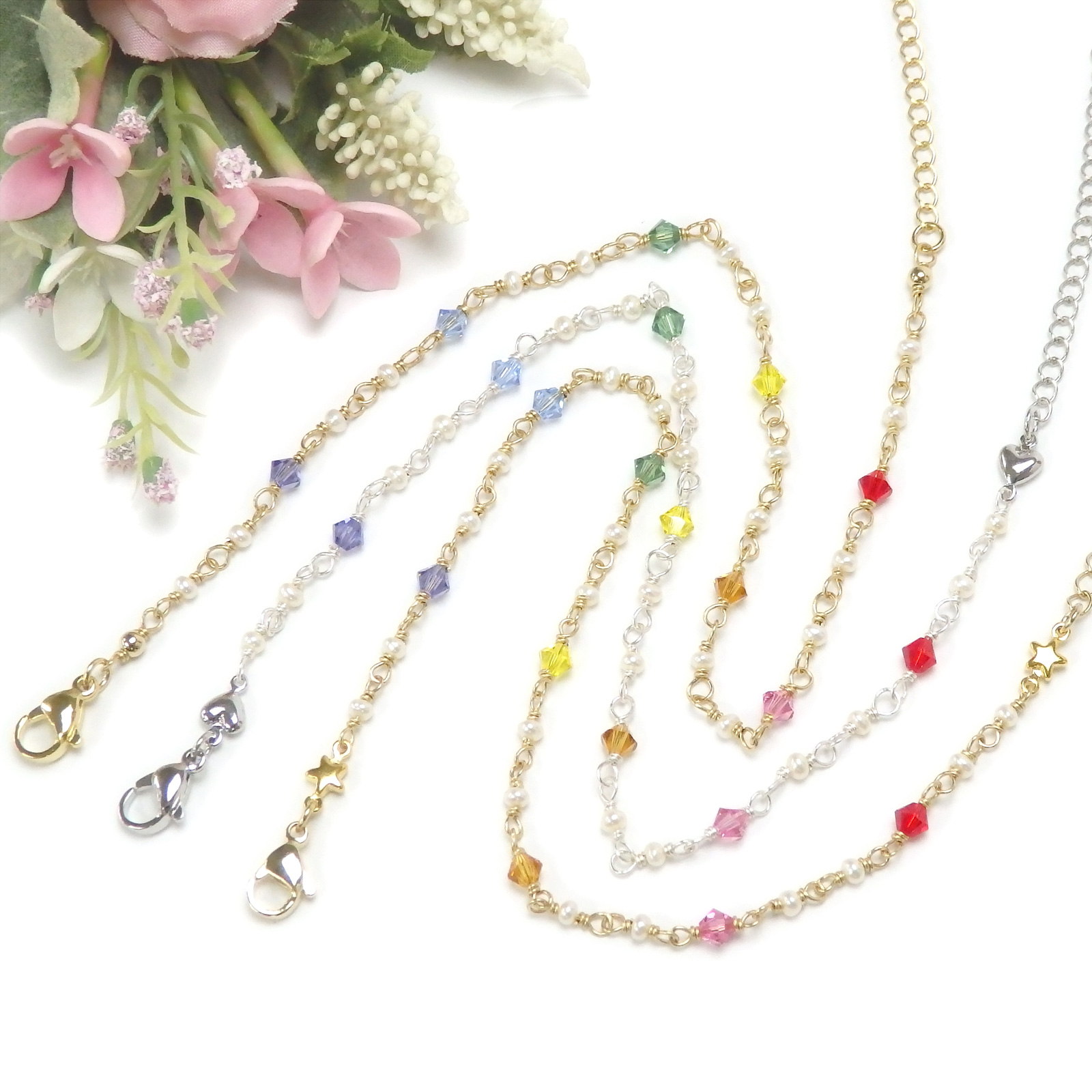 メール便 アンクレット 厄除け 開運 七色 7色 スワロフスキー パール 淡水パール 真珠 淡水真珠 おしゃれ かわいい バレンタイン ギフトに プレゼントに