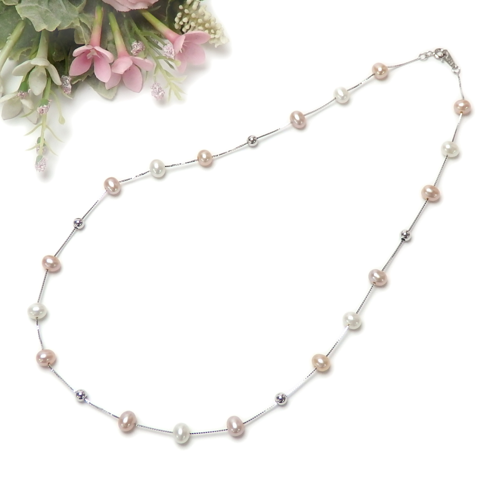 ネックレス パール シルバーチェーン ステーション ネックレス パープル 45cm 淡水パール 淡水真珠 真珠 上質 敬老の日 ギフトに プレゼントに