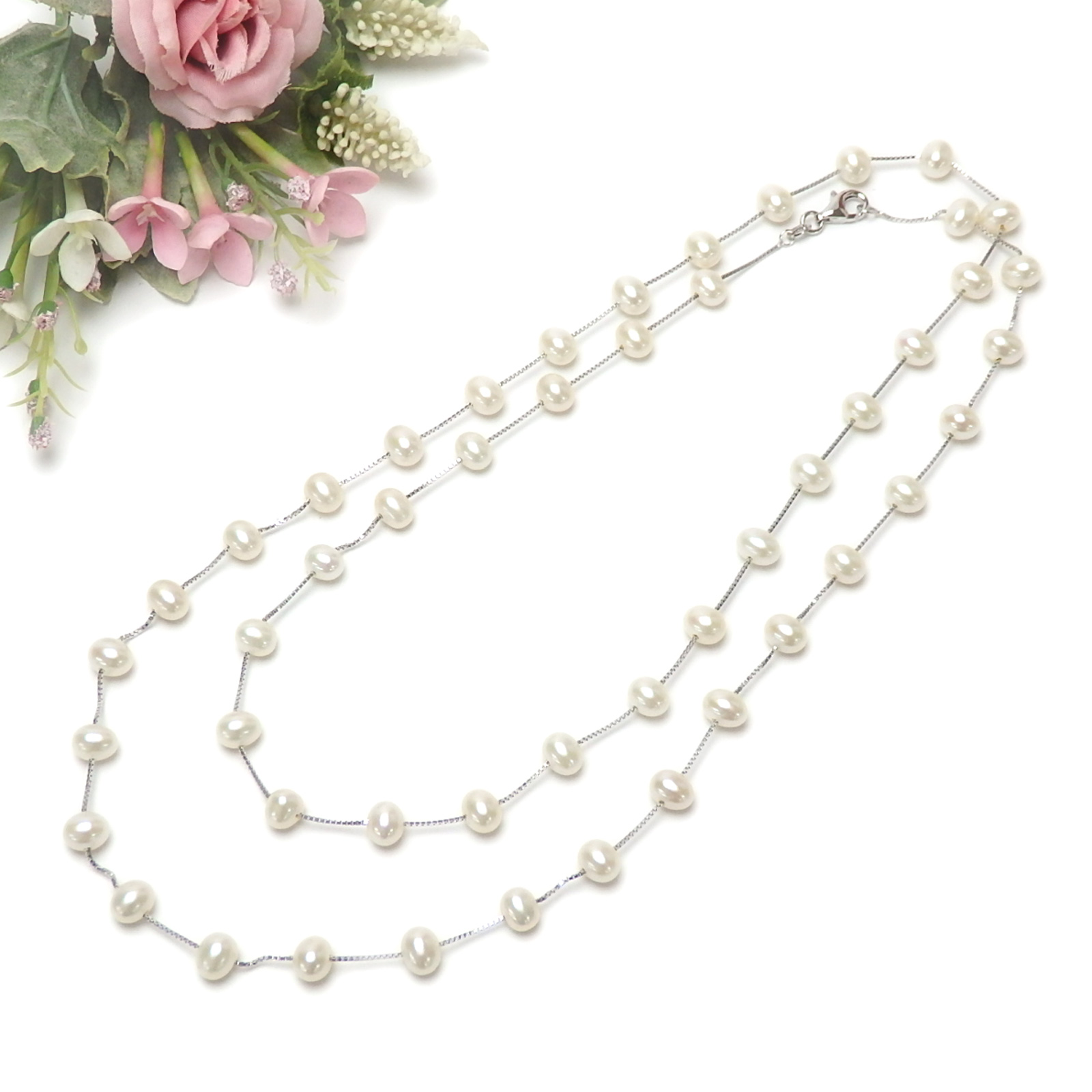ネックレス パール シルバーチェーン ステーション ロングネックレス 90cm 淡水パール 淡水真珠 真珠 上質 敬老の日 ギフトに プレゼントに