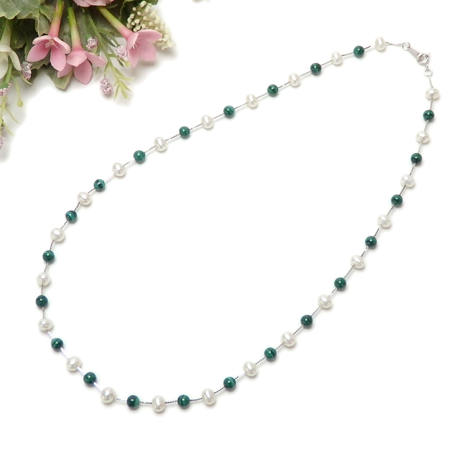 ネックレス パール マラカイト シルバーチェーン ステーション ネックレス 45cm 淡水パール 淡水真珠 真珠 上質 敬老の日 ギフトに プレゼントに