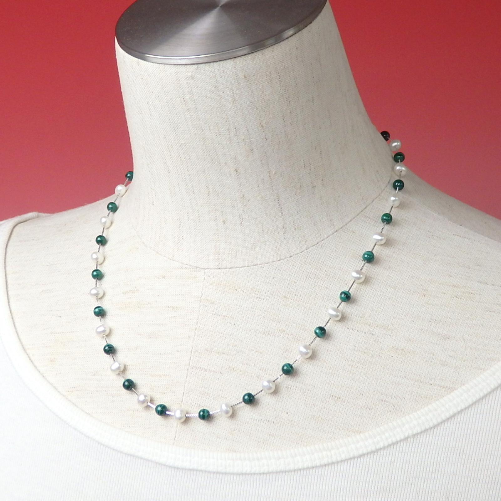 ネックレス パール マラカイト シルバーチェーン ステーション ネックレス 45cm 淡水パール 淡水真珠 真珠 上質 敬老の日 ギフトに プレゼントに