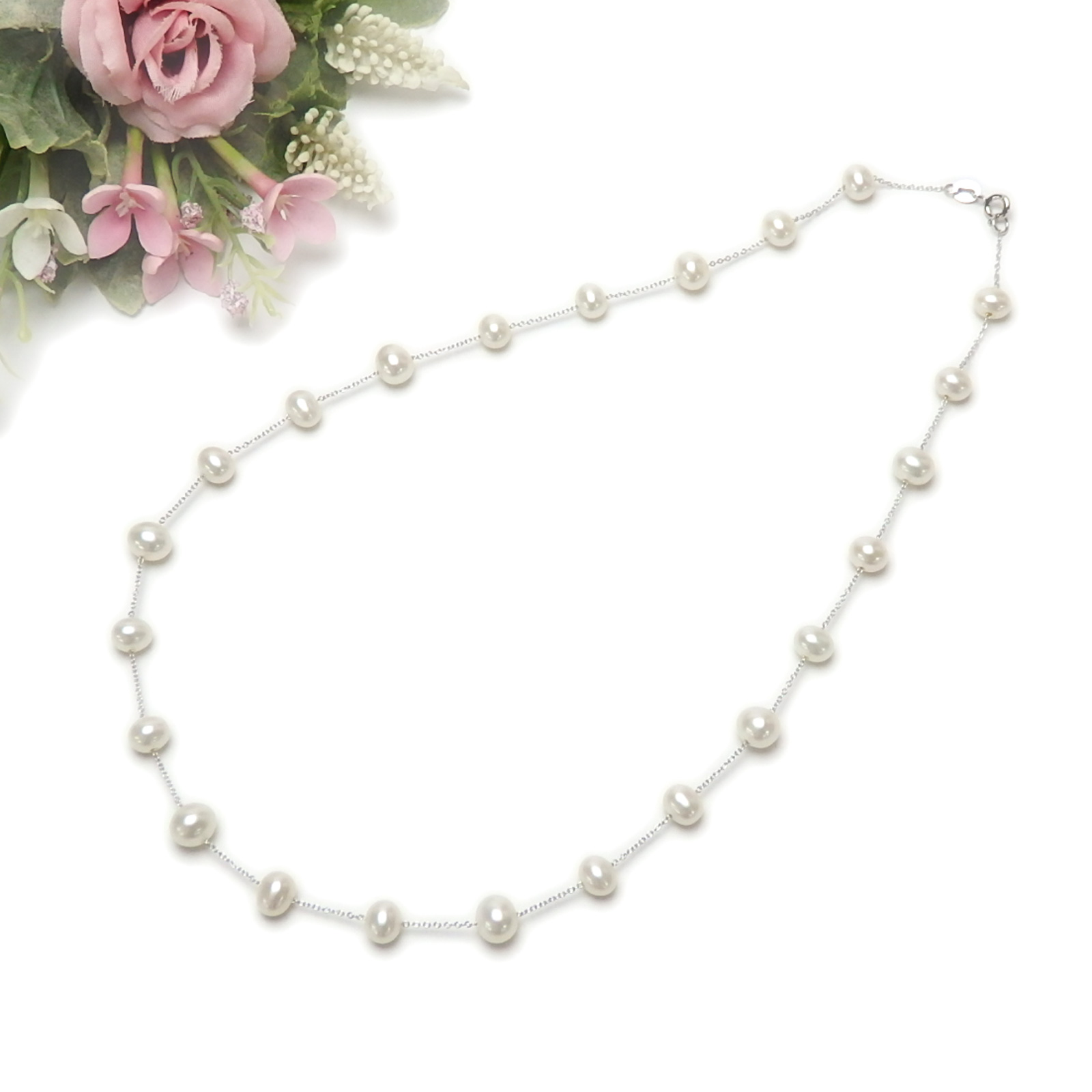 ネックレス パール シルバーチェーン ステーション ネックレス パープル 45cm 淡水パール 淡水真珠 真珠 上質 敬老の日 ギフトに プレゼントに