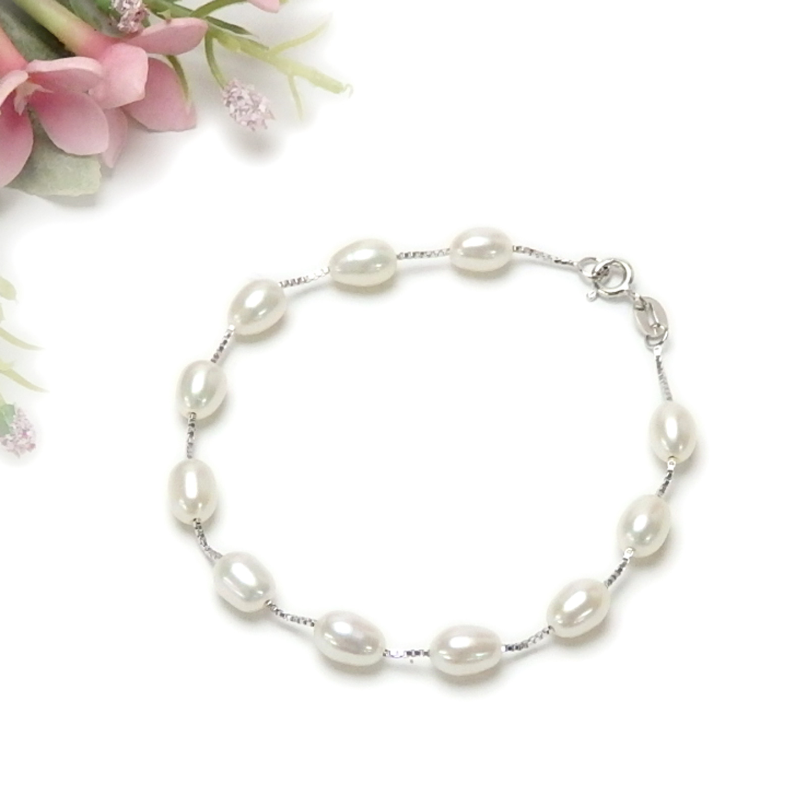 ブレスレット パール シルバーチェーン ステーション 18cm 淡水パール 淡水真珠 真珠 上質 ベネチアンチェーン 敬老の日 ギフトに プレゼントに