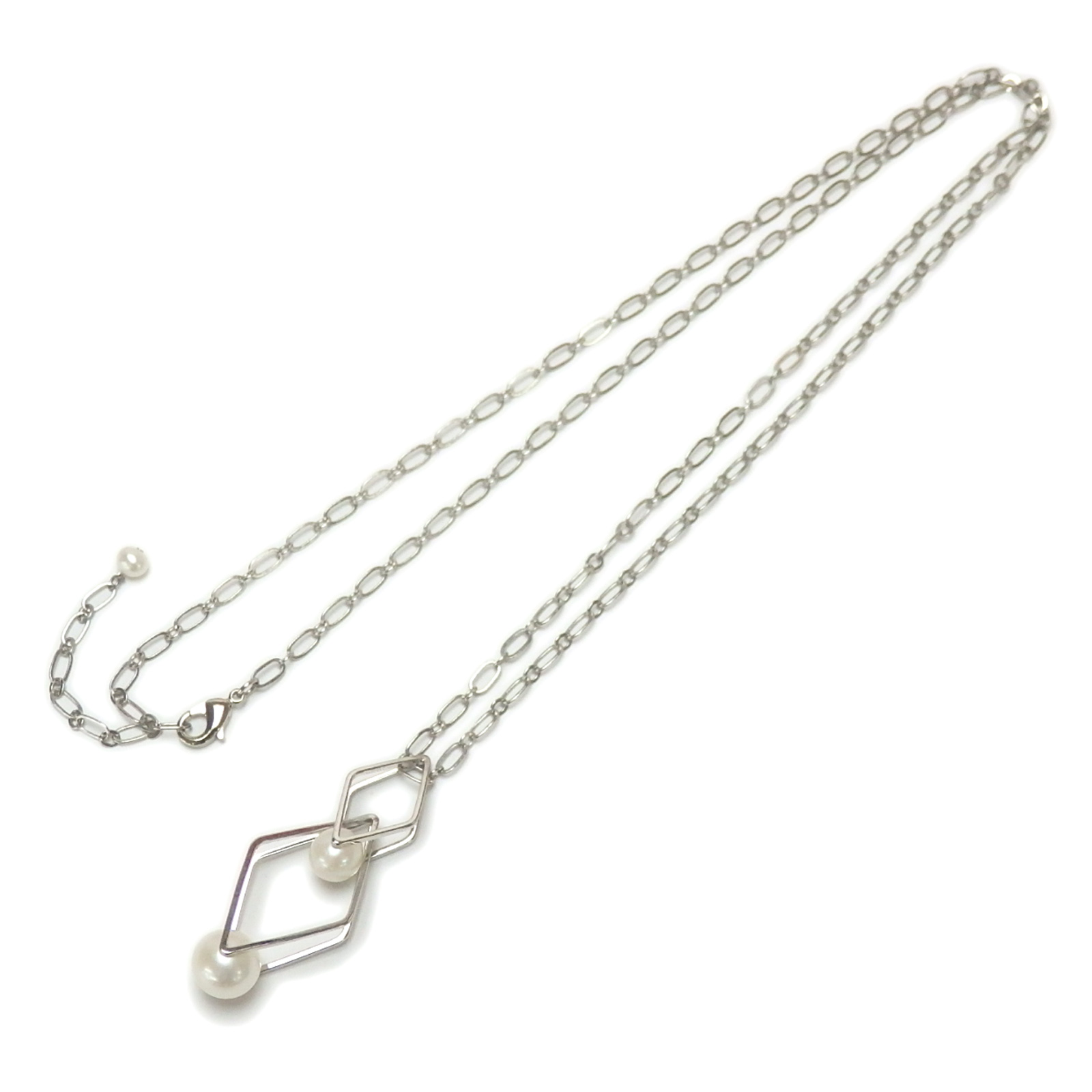 メール便 ロングネックレス 菱形 ダブル デザイントップ 淡水パール ペンダント シルバーカラー 母の日 ギフトに プレゼントに