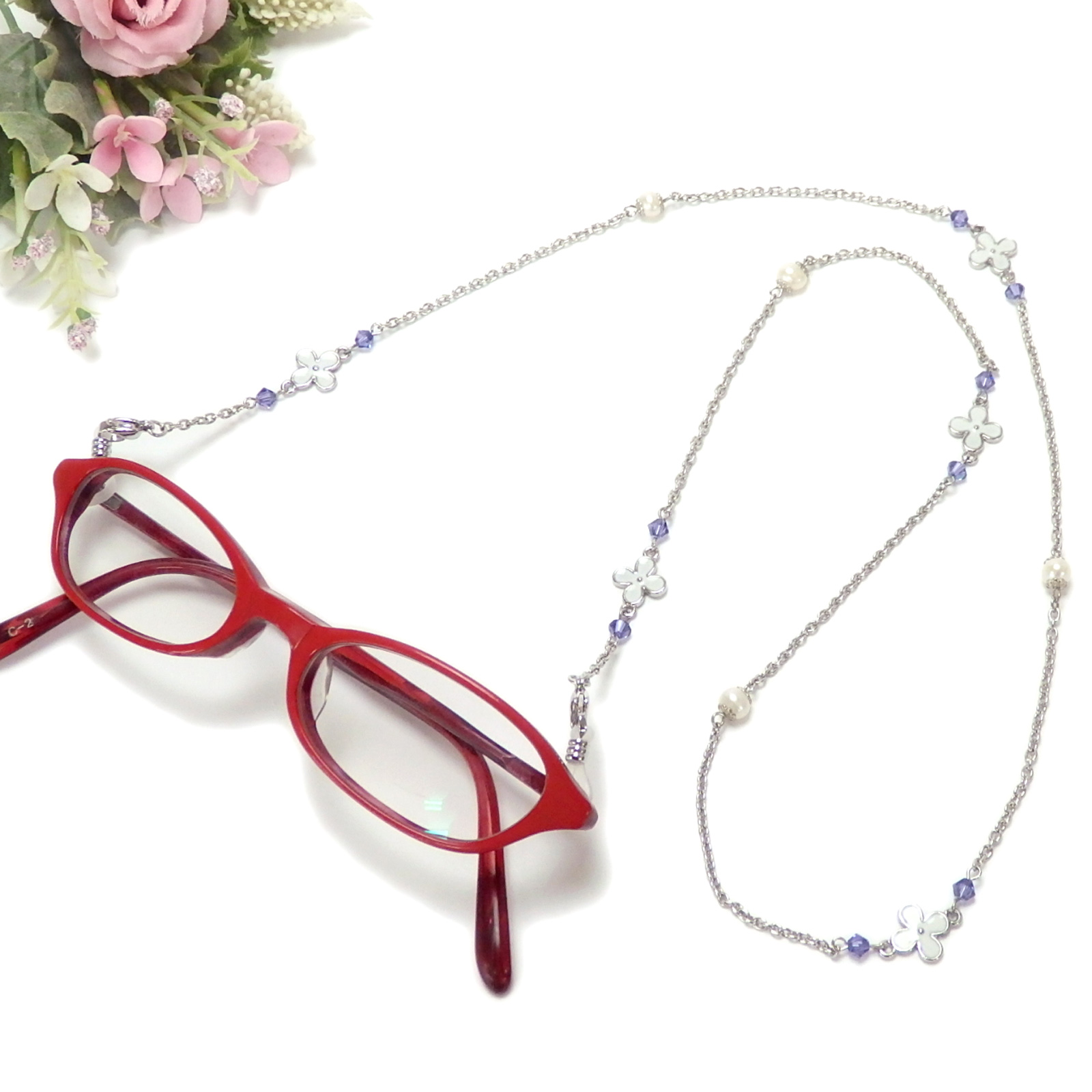 ネックレスになる 淡水パール メガネチェーン フラワーパール スワロフスキー 眼鏡チェーン 真珠 マスクチェーン マスク紐 マスクストラップ マスクコード