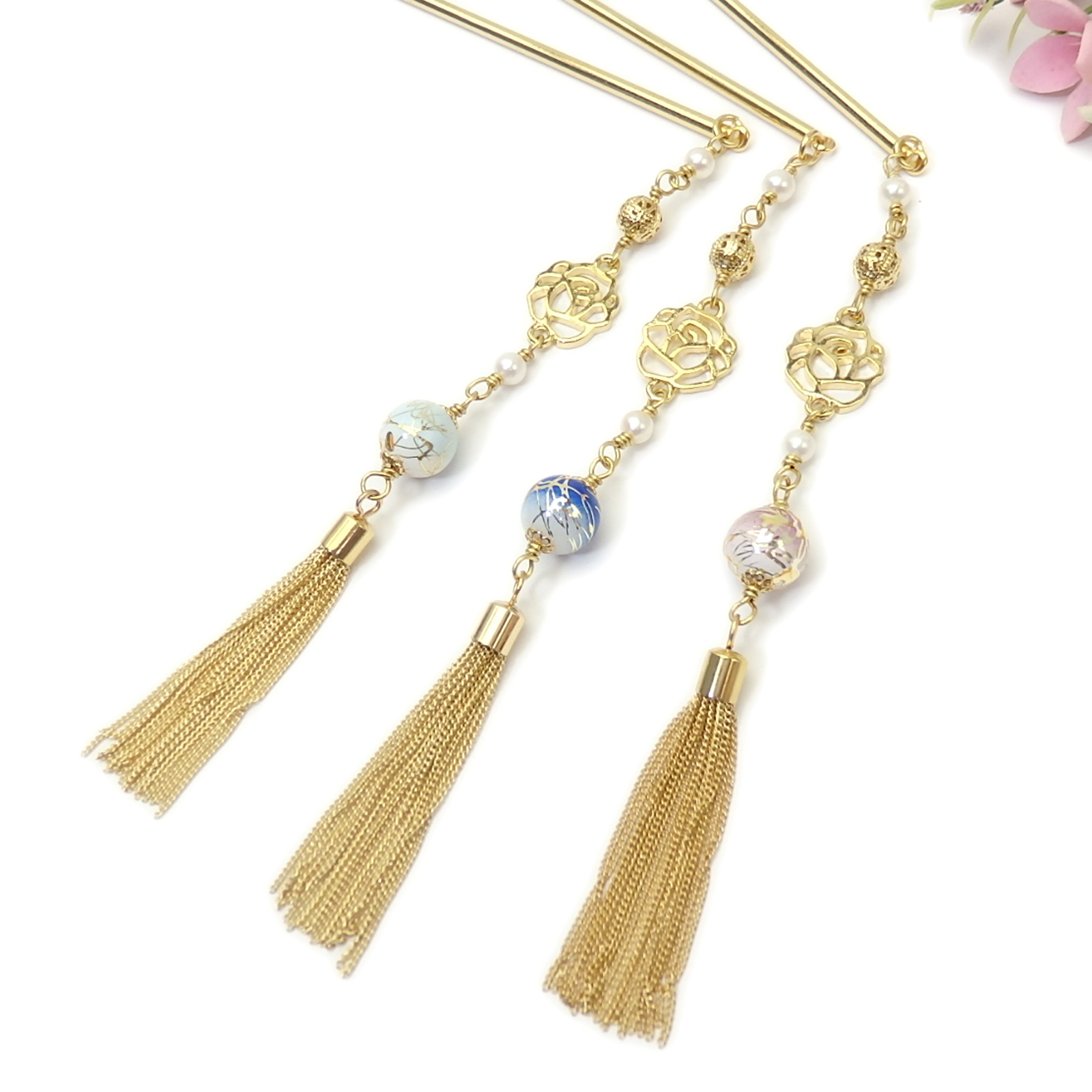 かんざし 浴衣 情熱のバラ 和装 留袖 浴衣 着物 パール 一本 コーム 薔薇 透かし ローズ 唐草樹脂ビーズ 真珠 揺れる メタルタッセル 帯飾り 和風モダン