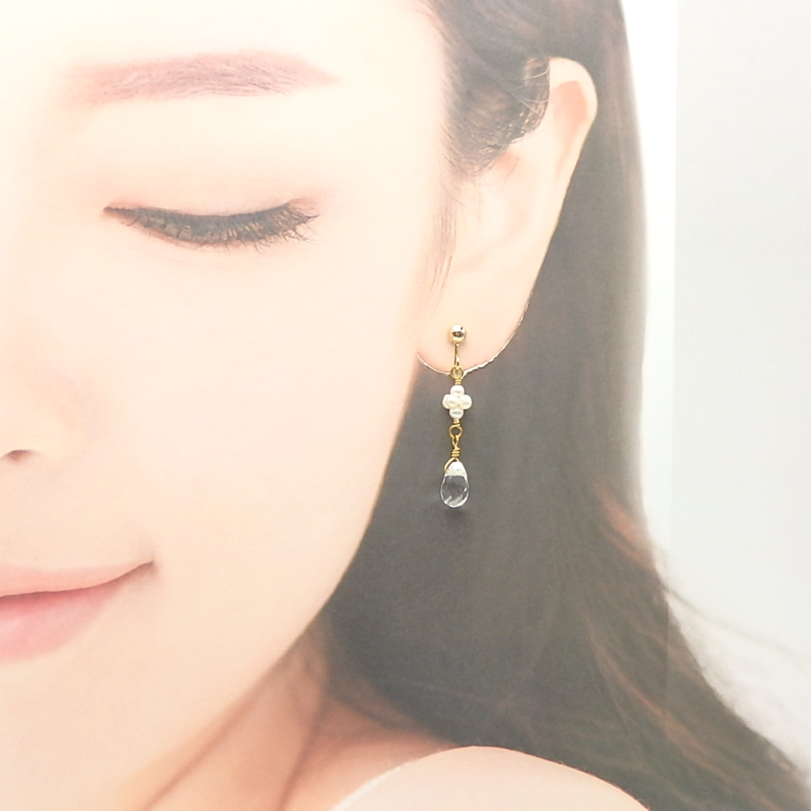淡水パール しずく 水晶 ピアス イヤリング ベビーパール クォーツ ドロップ クリスタル レディース チタンピアス