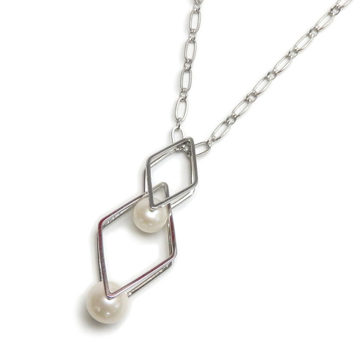 メール便 ロングネックレス 菱形 ダブル デザイントップ 淡水パール ペンダント シルバーカラー 母の日 ギフトに プレゼントに